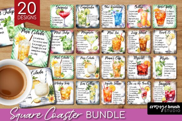 Download Cocktail Recipe Square Coaster Bundle - Coaster bundle Collection