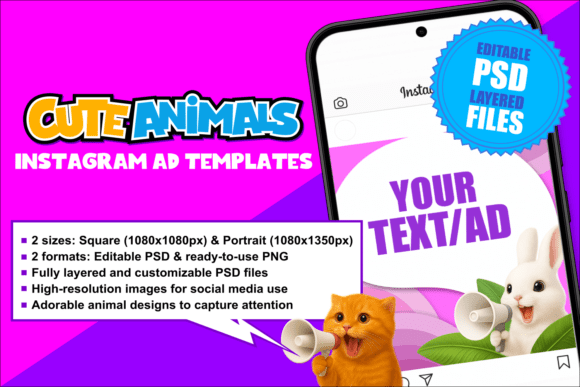 Download Cute Animals Instagram Ad Templates - Animal Collection